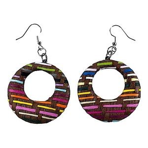 Circle bright colored wooden type material earrings, wicker type weave style